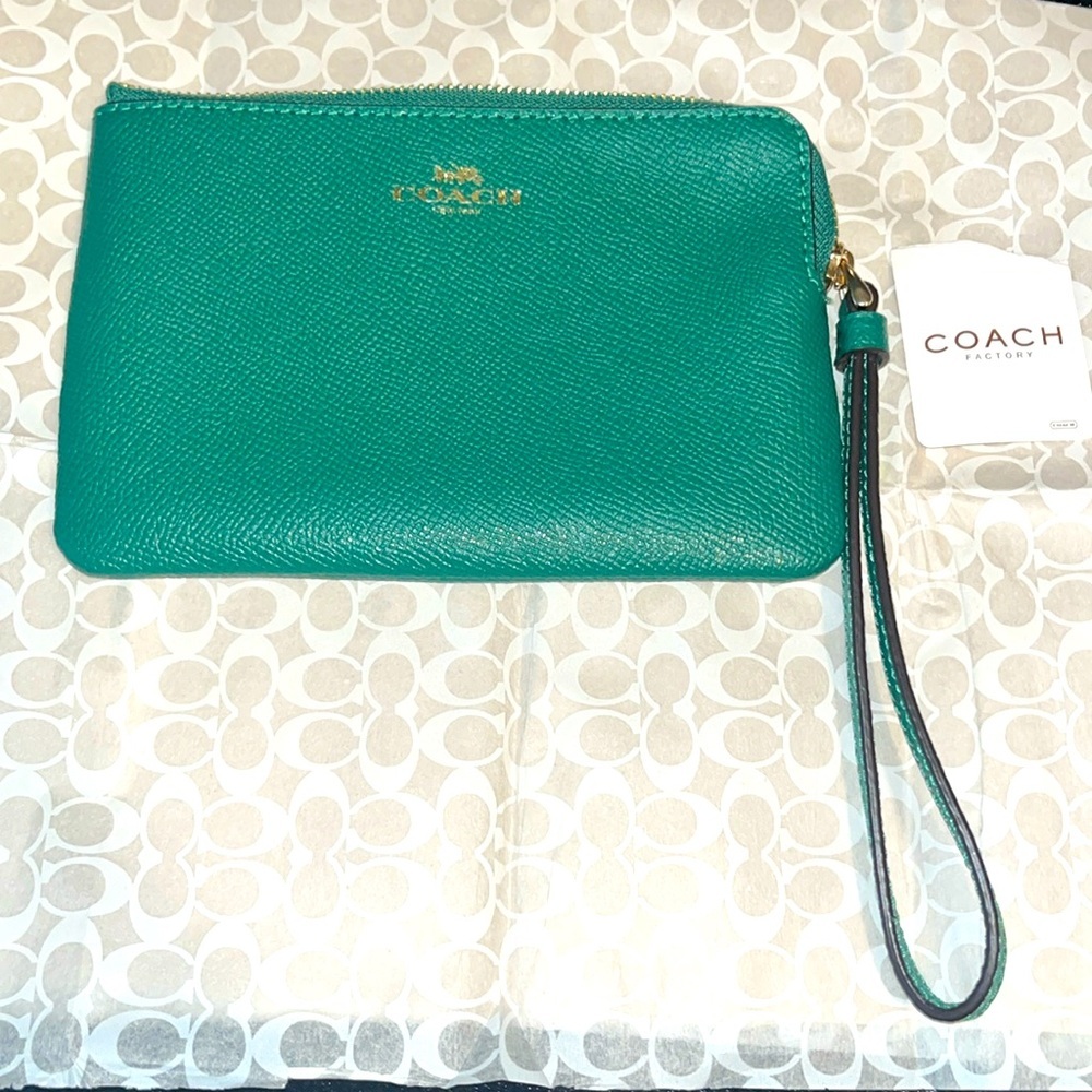 Coach Teal Pebbled Leather Wristlet with Gold Logo